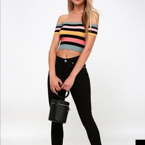 STRIPED RIBBED OFF-THE-SHOULDER CROP TOP